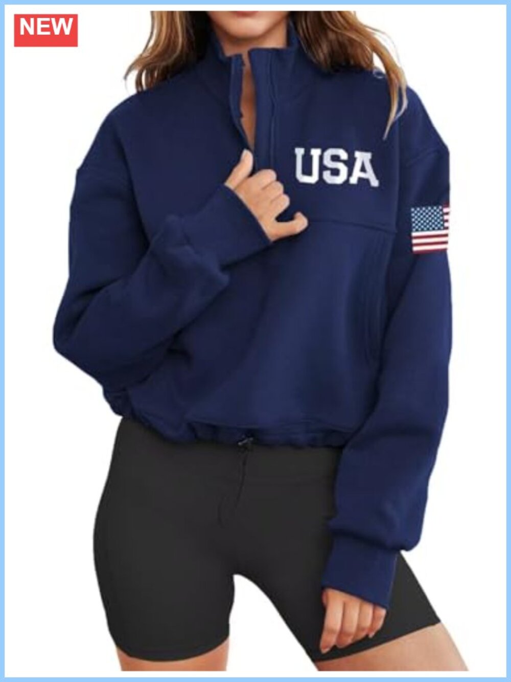 Womens Long Sleeve Half Zip American Flag Sweatshirt Pullover